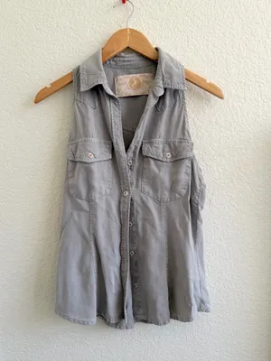 Bella Dahl Sleeveless Button Down Collard Tank Gray Cream S thumbnail 2