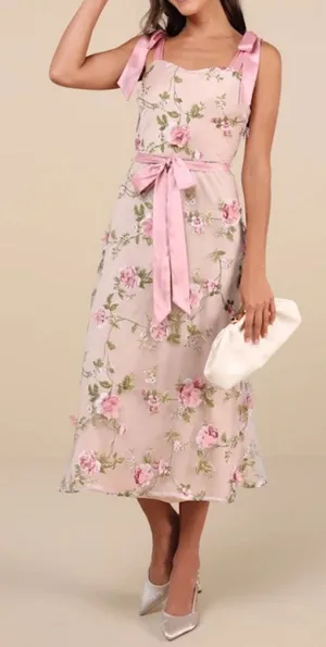 Lulus Authentic Sweetness Pink Floral Applique Tie-Strap Midi Dress thumbnail 1