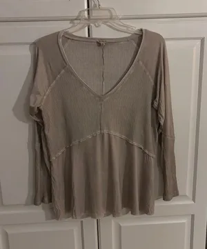 POL Womens Taupe Ribbed Mixed Media V-Neck Long Sleeve Top RCT961‎ Small thumbnail 1