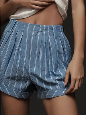 Anthropologie Blue & White Striped High-Waist Pleated Shorts thumbnail 1