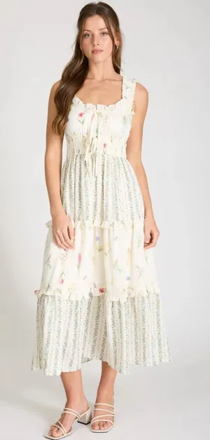 Floral Colorblock Ruffle Tiered Midi Dress Ivory Multi Medium NWT thumbnail 1