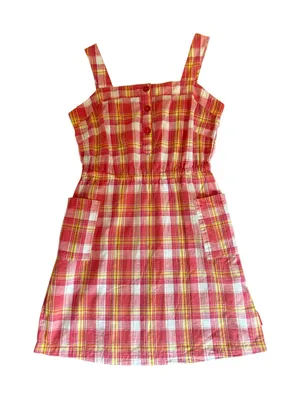 Merrell Cotton Linen Pinafore Sundress Red Yellow Plaid Womens Size Medium thumbnail 3