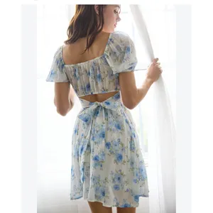 Blu Pepper Blue Floral Puff Sleeve Cutout Back Mini Dress Size Small thumbnail 2