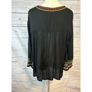 Boho Embroidered Black Fringe Tassel Cape Top Size L thumbnail 4
