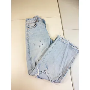 Zara High Waisted Wide Leg Distressed Jeans Light Wash‎ Blue Size 4 Distressed thumbnail 4