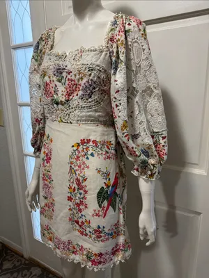 Farm Rio Delicate Forest Scarves Bonded Lace Linen-Blend Mini Dress Size Small thumbnail 5