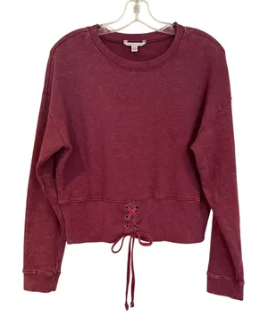 American Eagle Lace Up Cropped Sweatshirt‎ Women's XL Burgundy Hippie Boho Y2K thumbnail 1