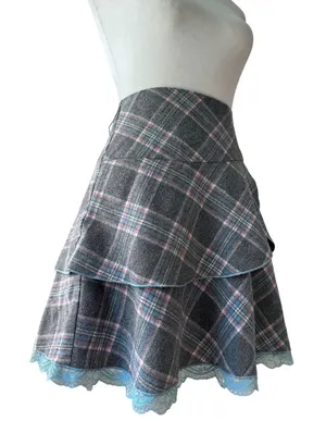 Freebird Gray & Blue Plaid Tiered Lace Hem Mini Skirt thumbnail 1