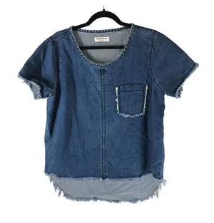 Glamorous Top Denim Hi Low Hem Fringe Raw Hem Pocket Short Sleeve L thumbnail 1