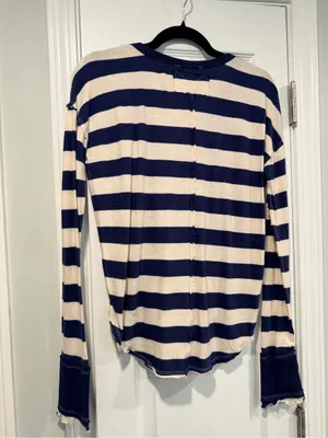 NWOT Free People We The Free Size L Blue Cream Striped Thermal Knit V Neck Top thumbnail 7