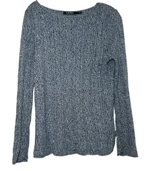 Lauren Ralph Lauren Blue White Marled Cable Knit Cotton Sweater Large L cozy thumbnail 1