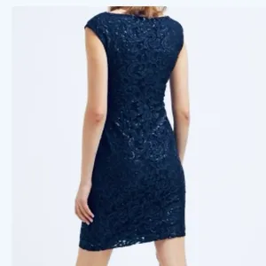 Ralph Lauren Navy Blue Sequin Lace Cowl Neck‎ Sheath Sleeveless Dress Size 10 thumbnail 4
