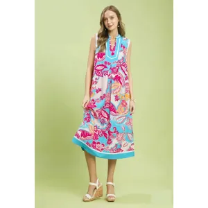 Umgee Floral Sleeveless Midi Dress with Side Pockets - Blue - Small thumbnail 4