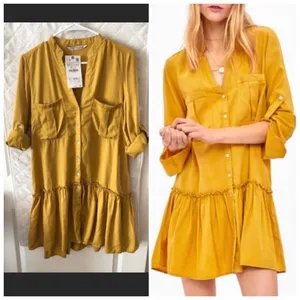 ZARA mustard yellow drop waist button front ruffled Lyocell tunic dress listing-status-banner thumbnail 2