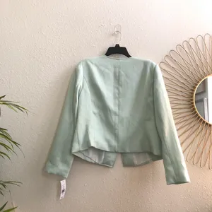NWT JM Studio John Meyer Light Mint Green Tweed Blazer Jacket Pearl Gold Button Linen Blend Preppy Old Money Office Siren #Regal #Regency Women M Measurement in pics thumbnail 3