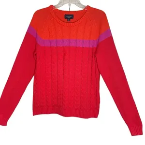 VTG Lands’ End Drifter Cotton Sweater L Red Orange Pink Colorblock Cable Knit thumbnail 3