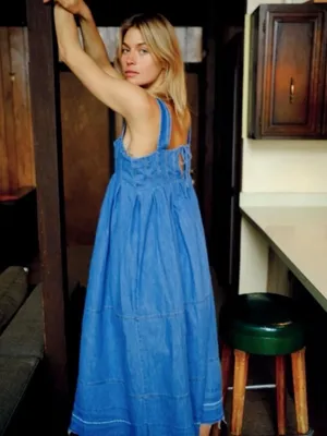 Free People Pretty in Pleats Indigo Blue Denim Raw Hem Midi Dress Medium $148 thumbnail 2
