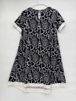 Navy Floral Asymmetrical A-Line Dress with White Trim thumbnail 9