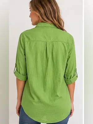 True Destinations Women’s Small Green Cotton Button Down Shirt Roll Tab Sleeve thumbnail 2