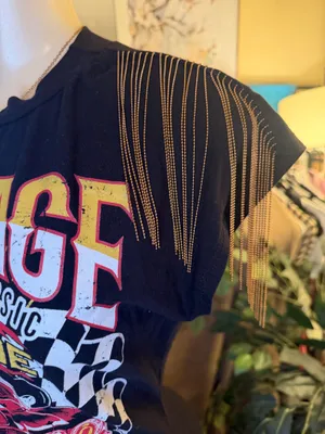Vintage Racing Club Graphic T-Shirt Dress Fringed Shoulder Size L thumbnail 4