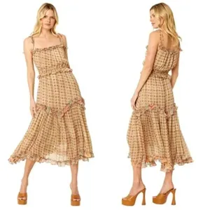 MISA Los Angeles Nita Midi Ruffle Dress in Flora Tile Mix Green and Pink Size M NWT thumbnail 2