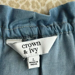 Crown & Ivy light denim embroidered top with drawstring collar, size L thumbnail 2
