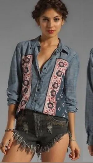 Free People Born Free Bandana Print Chambray Western Shirt thumbnail 1