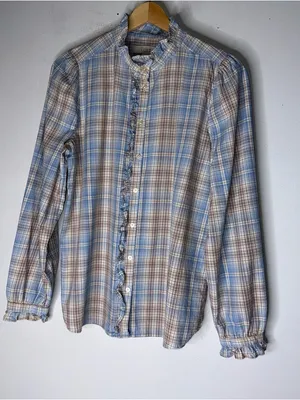 Loft Plaid‎ Ruffle Collar Button Down Blue Brown White Plaid Small thumbnail 1