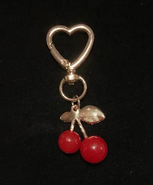Gold-tone Red Cherry Keychain or Bag Charm on Swivel Heart Clip thumbnail 2