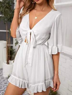 Bell Sleeve Tie Front Peekaboo Romper thumbnail 1