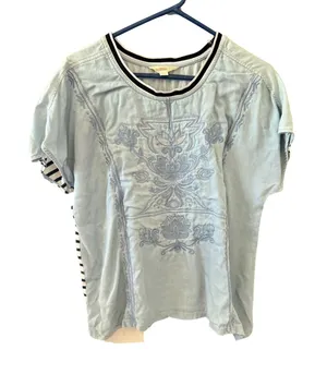 Verge Girl Whitman Top Light Blue Embroidered Striped Mixed‎ Media Tencel Size M thumbnail 1