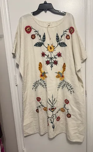 World Market Dress Linen Dress Floral Embroidered Dress Boho Dress Womens OS thumbnail 1