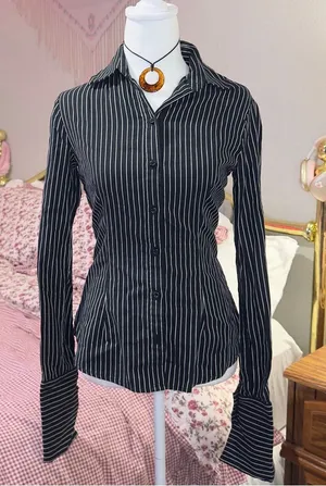 Y2K Office Siren Black Pinstripe Button-Down Women's Shirt thumbnail 1