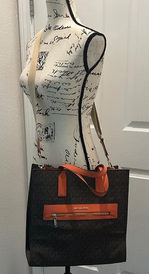 Michael Michael Kors Brown Tote with Orange Trim and Logo Print thumbnail 1