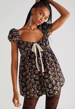 Free people Gaia floral black corduroy tunic mini dress medium thumbnail 1