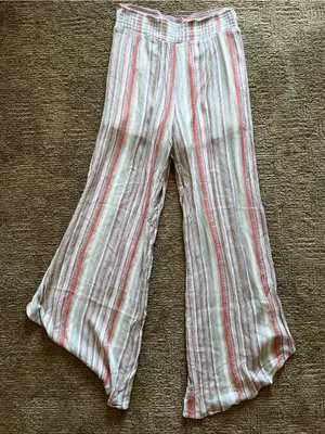 Striped Wide-Leg asymmetrical flowy bohemian Pants in Cream and Coral thumbnail 2