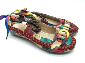 Womens Flats Hidden Heel Floral Ankle Strap Beaded Boho Size 37 US 5 thumbnail 1