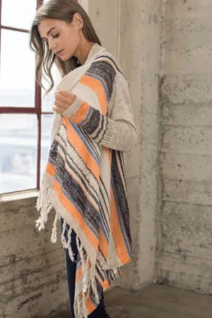 Umgee Striped Boho Fringe Hem Open Cardigan Tan Orange Black thumbnail 10
