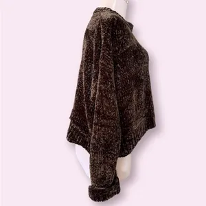 Zara Cropped olive brown chenille oversized wide crew neck sweater M thumbnail 6