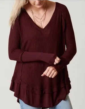 We The Free People Laguna Waffle Knit Top Burgundy Red‎ Long Sleeves Size Medium thumbnail 1
