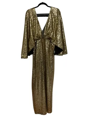 NEW BABEYOND Scoop Neck Sheer Angel Sleeve Maxi Dress Gold Sequin - Size 2X thumbnail 4