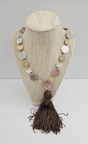 Chico's Mixed Metal Hammered Coin Tassel Statement Necklace thumbnail 1