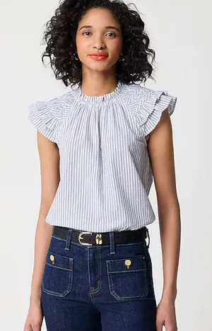J.Crew Striped Flutter Sleeve Top Blouse Cotton White Blue Preppy Medium NWT thumbnail 1