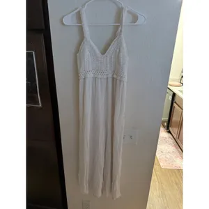 Japan Cream Crochet Knit Bodice Maxi Dress Sleeveless Boho Summer Smocked Back M thumbnail 2