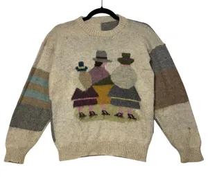 VTG Wool M Beige Intarsia People Graphic Patchwork Crewneck Sweater Winter Artsy thumbnail 1