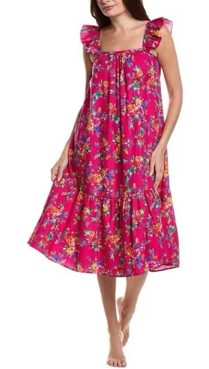 Petite Plume Pink Floral Casual Cotton Midi Dress Size M thumbnail 1