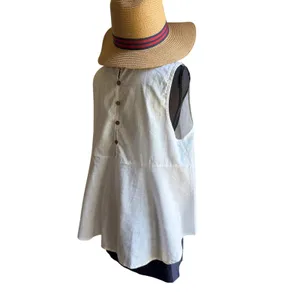 White Linen Blend Sleeveless Tank Top Wooden Button Back High Low Hem Size Large thumbnail 7