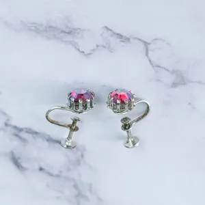 Vintage Screw On Earrings Iridescent Dark Pink Gems - Fair Condition thumbnail 8