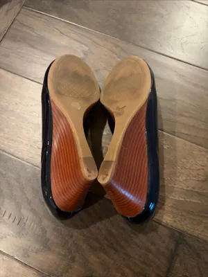Tory Burch Navy Patent Lowell Peep Toe Wedge Heels Sz 7.5 thumbnail 8
