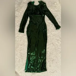 NEW HOUSE OF CB Belle Pine Green Sequin Open Back Long Sleeve Dress sz XS thumbnail 3